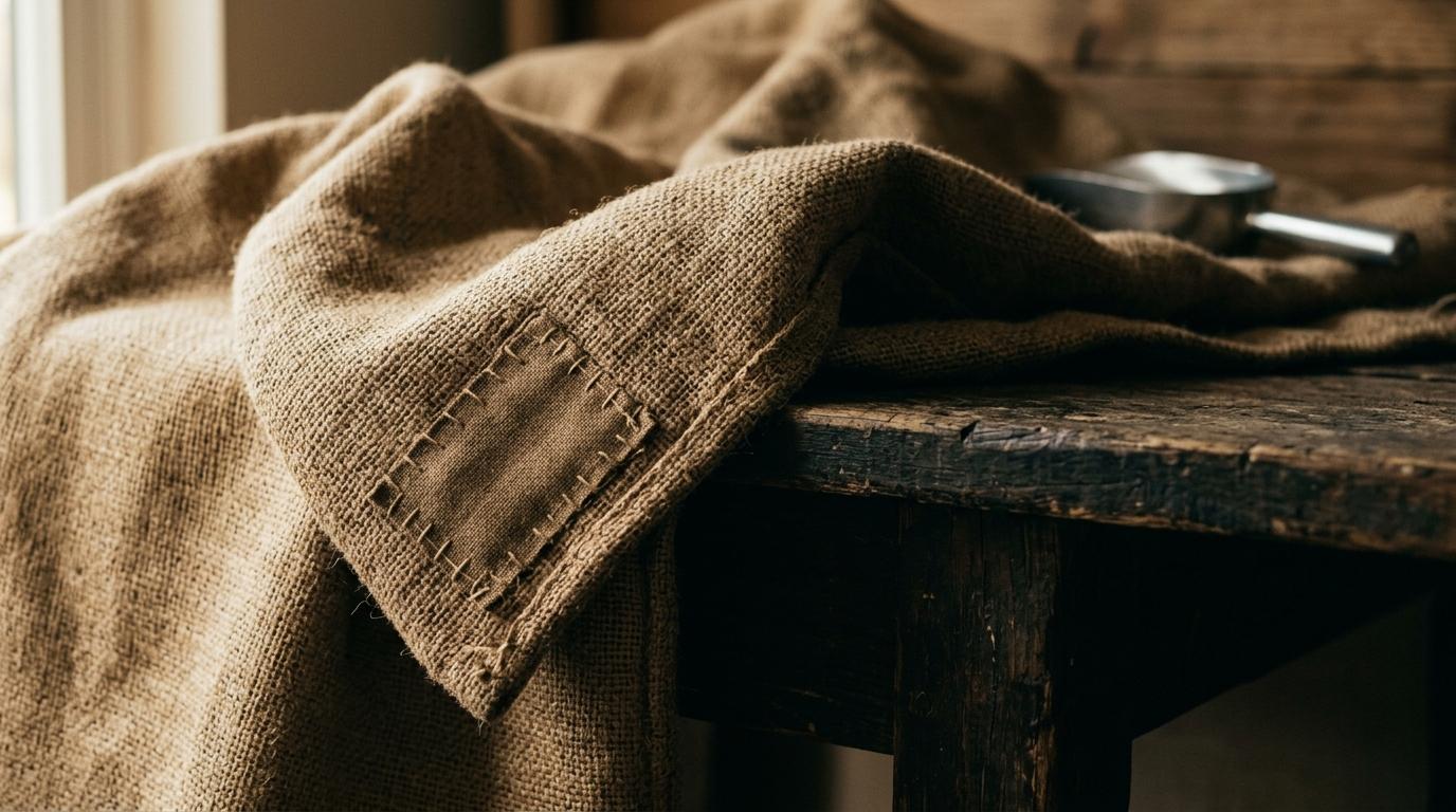 A burlap coffee sack draped across a wooden workbench