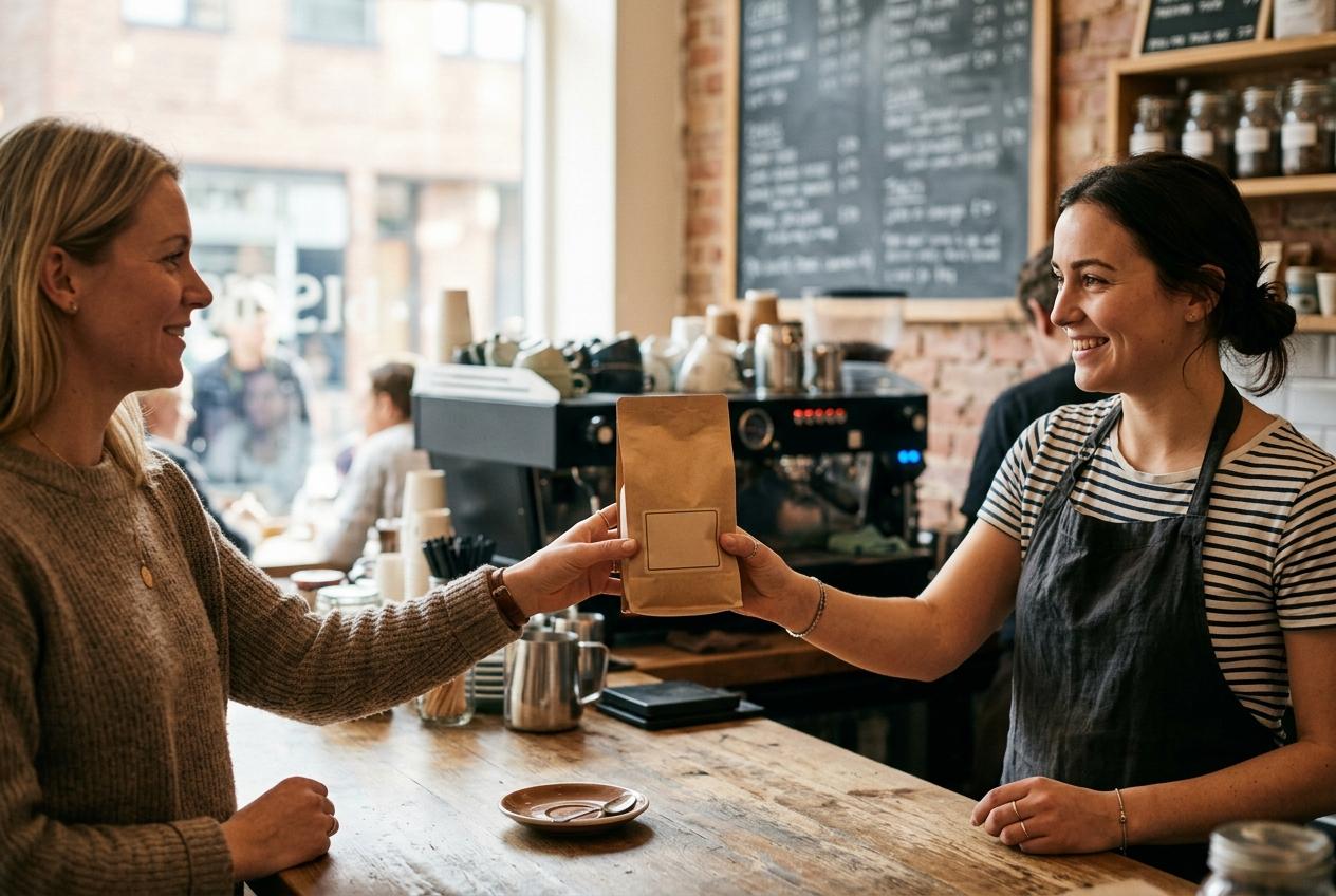 A barista hands a freshly packed coffee bag to a customer