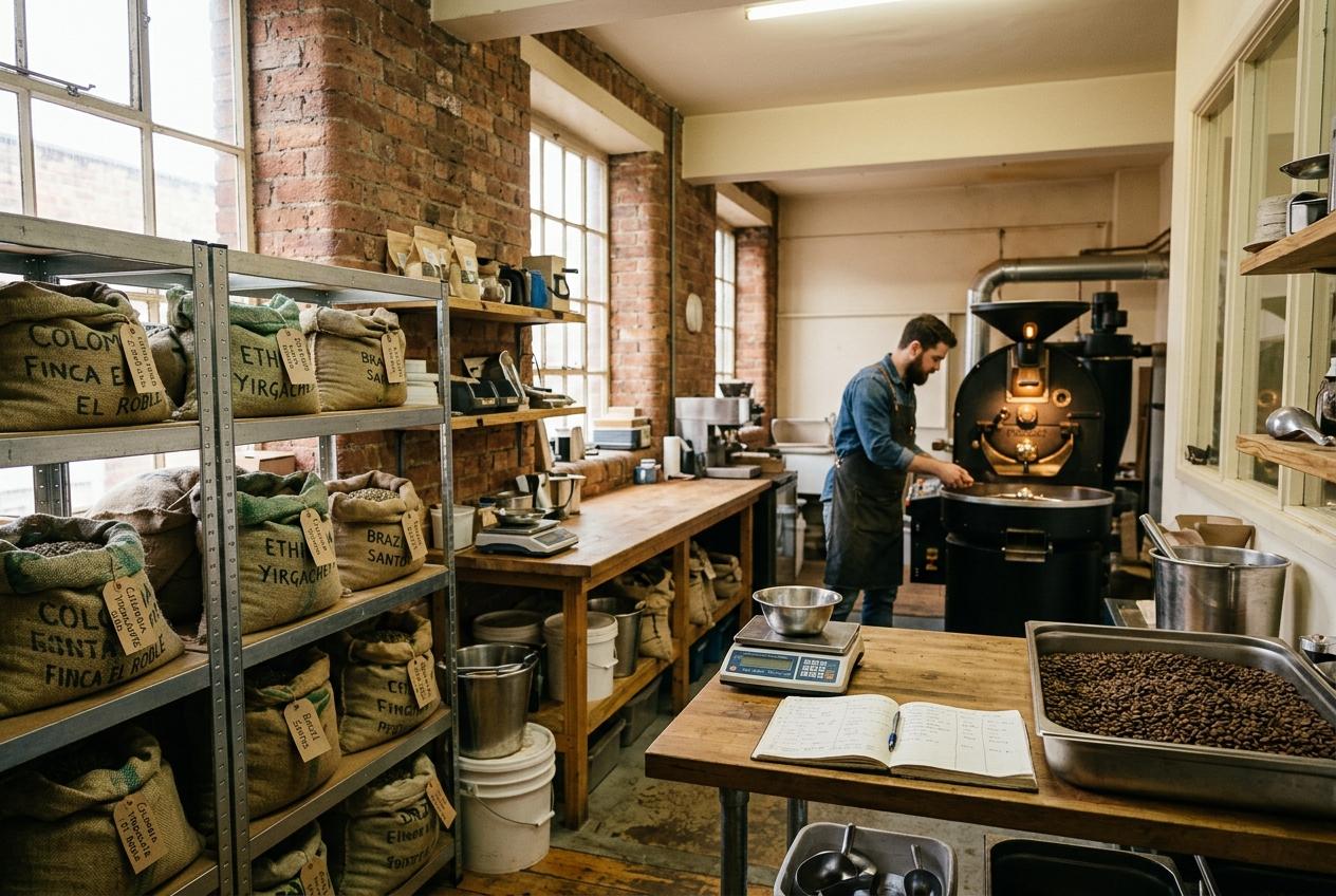 The working roastery, with coffee supplies and a roasting machine