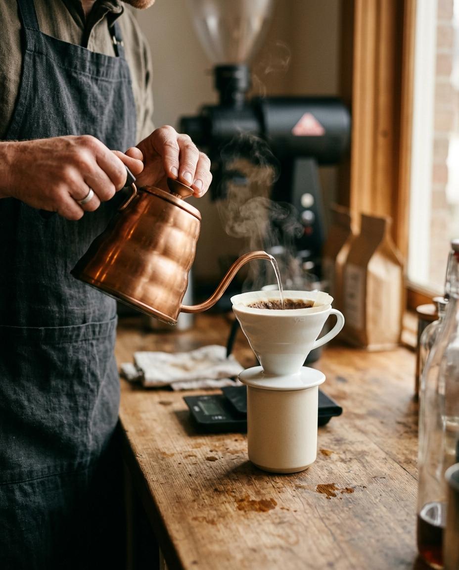 A barista pours water from a copper kettle over a pour-over coffee