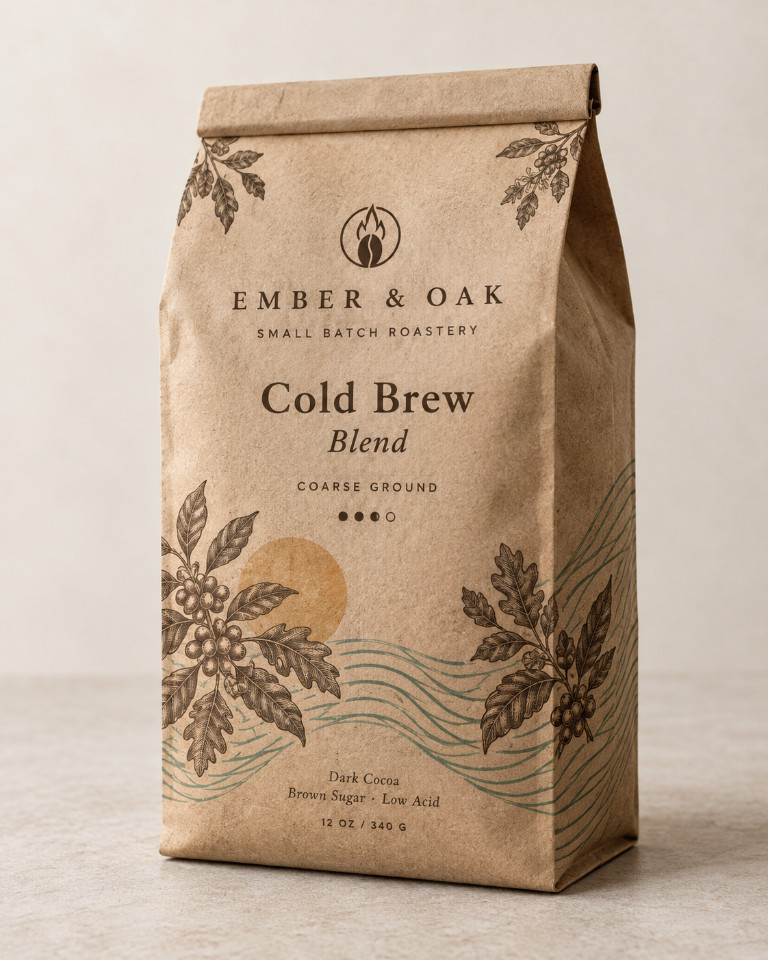Ember & Oak kraft bag of the Cold Brew Blend, coarse ground for steeping