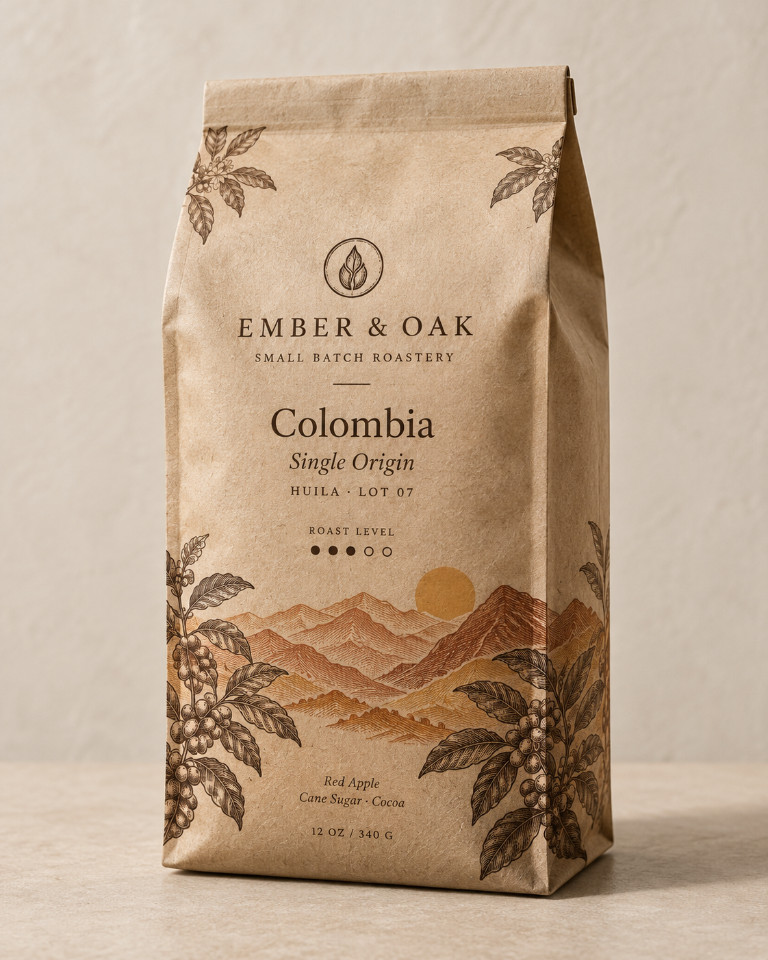 Ember & Oak kraft bag of the Colombia single origin, labelled with red apple, cane sugar and cocoa notes