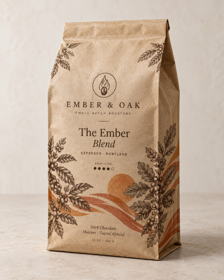 Ember & Oak kraft bag of The Ember Blend espresso, labelled with dark chocolate and molasses tasting notes