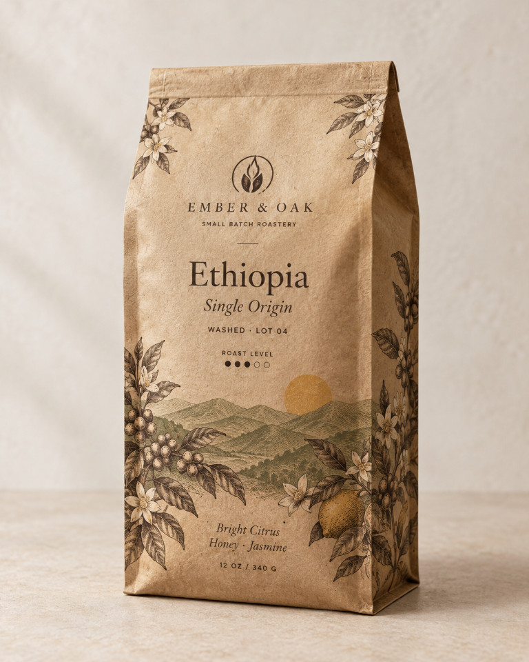 Ember & Oak kraft bag of the Ethiopia single origin, labelled with bright citrus, honey and jasmine notes