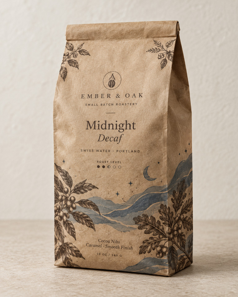 Ember & Oak kraft bag of Midnight Decaf, labelled with cocoa nibs and caramel notes