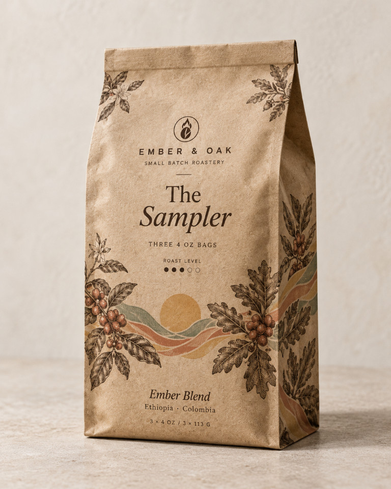 Ember & Oak kraft bag of The Sampler Pack holding three four-ounce bags